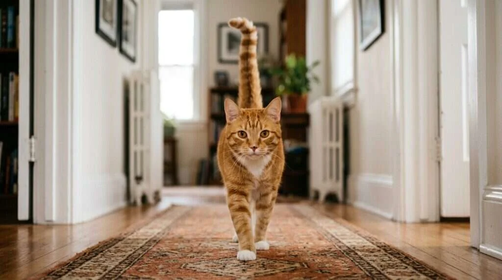 Orange tabby cat Beans standing in hallway with tail straight up in friendly greeting