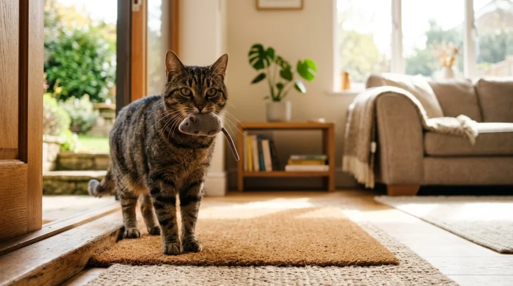 Cat carrying a toy mouse through the home