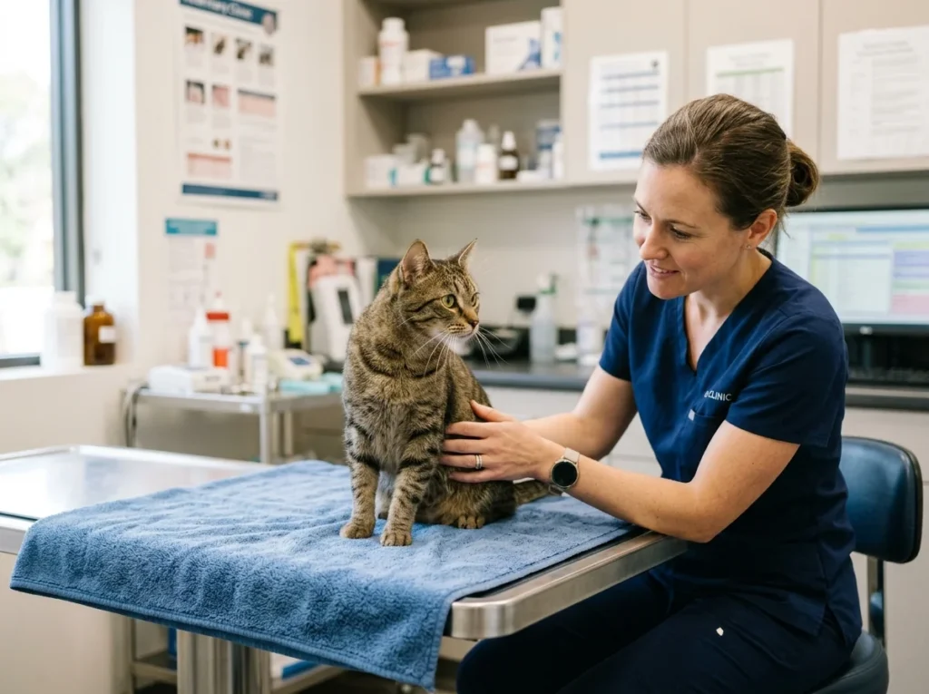 Veterinarian examining a cat with touch sensitivity and potential pain