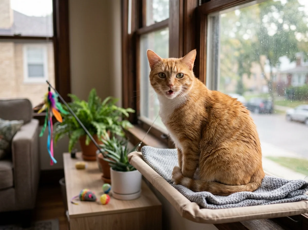 Bored indoor cat meowing in living room needing enrichment