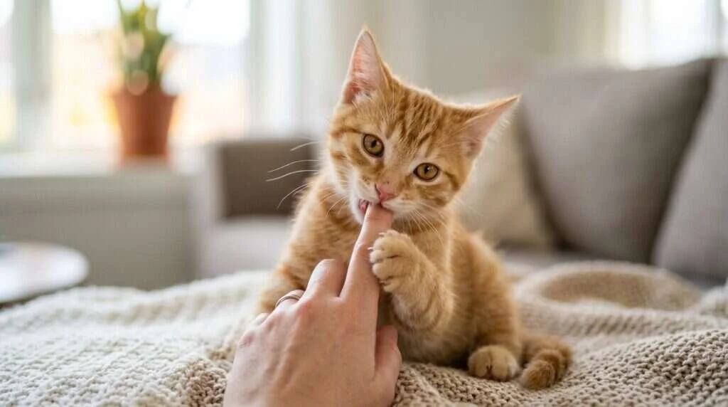 Playful orange kitten mouthing a human finger during daylight play session
