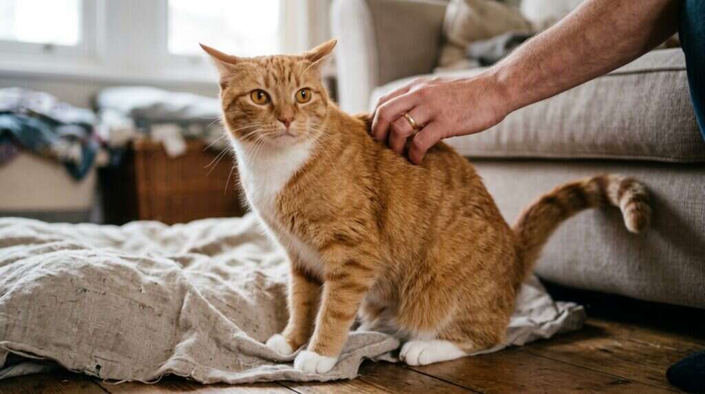 Orange cat mid-pet with twitching tail and ears back showing overstimulation tension