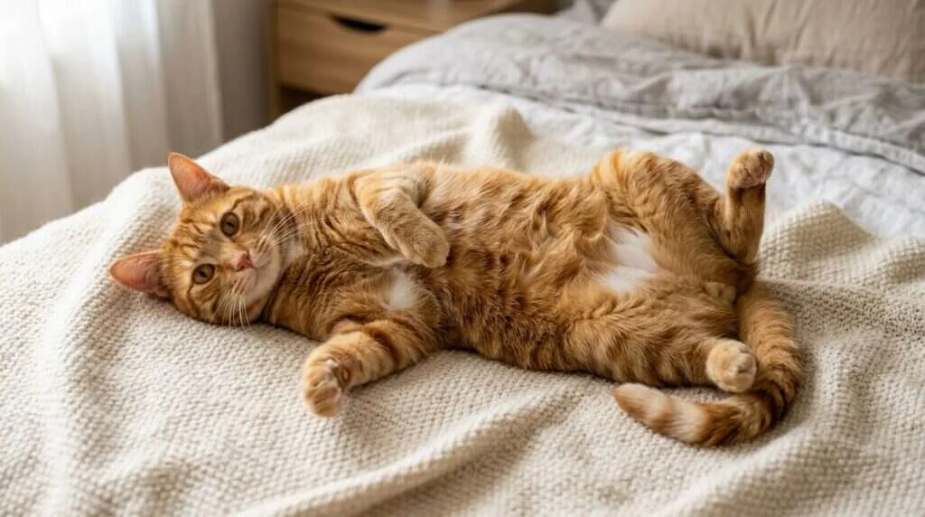 Orange cat lying relaxed belly up on cozy blanket with paws curled