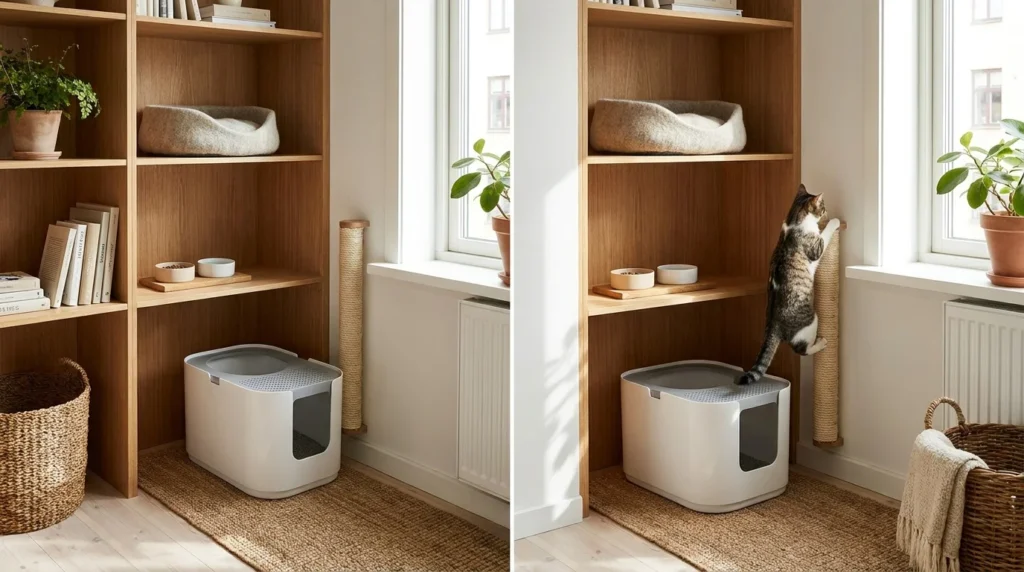Apartment corner thoughtfully designed for an indoor cat with zones and vertical perches
