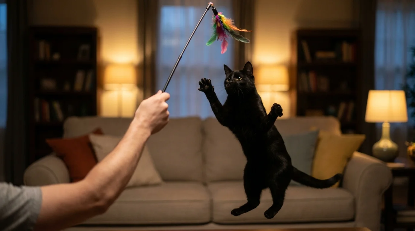 Black cat leaping playfully for a wand toy during bedtime play