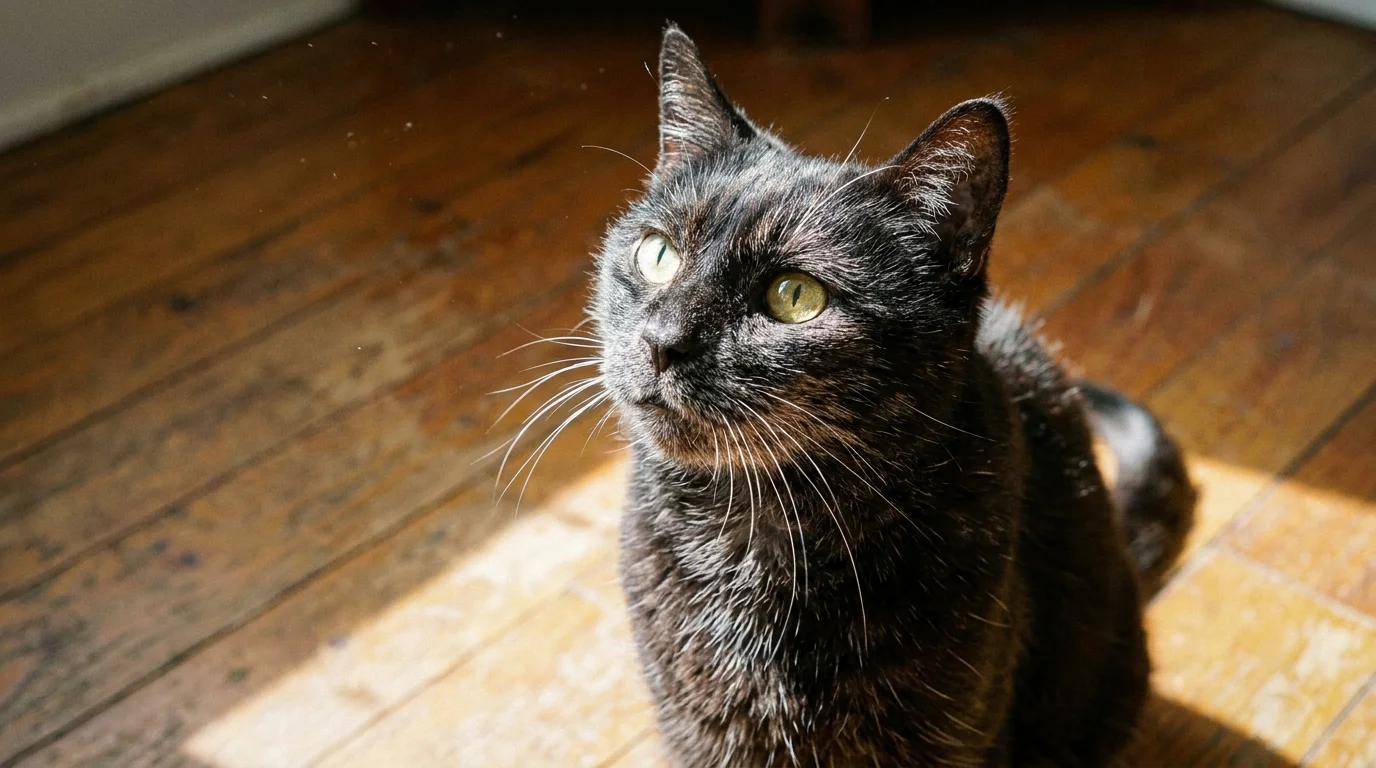 Black cat sitting alertly in sunlight patch listening to distant sounds