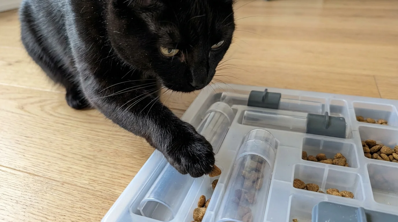 Black cat using an interactive puzzle feeder on the floor