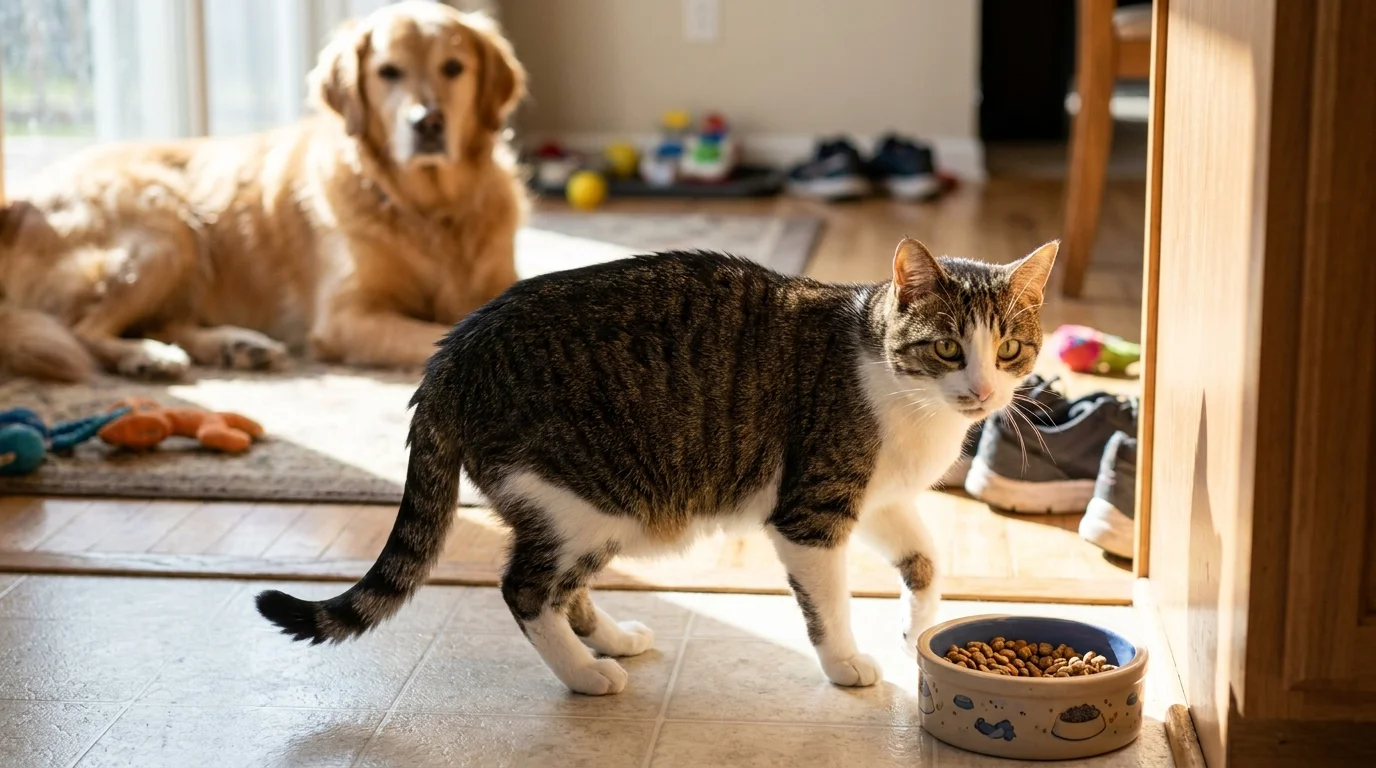 Cat approaching food bowl warily in a quiet room
