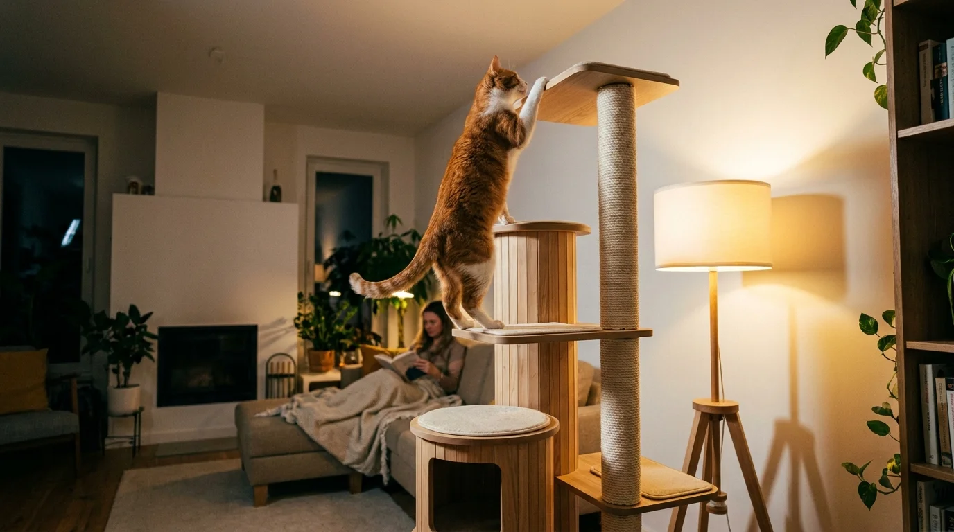 Active cat climbing and scratching modern cat tree tower