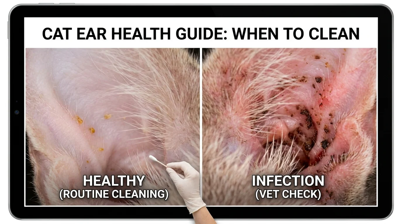 Close up of light cat ear wax inside a healthy feline ear flap
