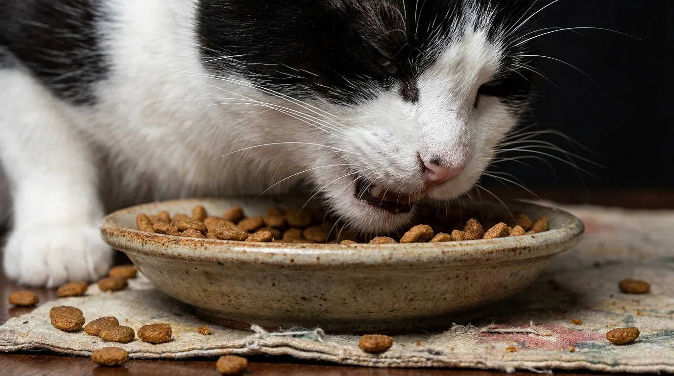 Cat eating dry kibble from bowl before diet transition