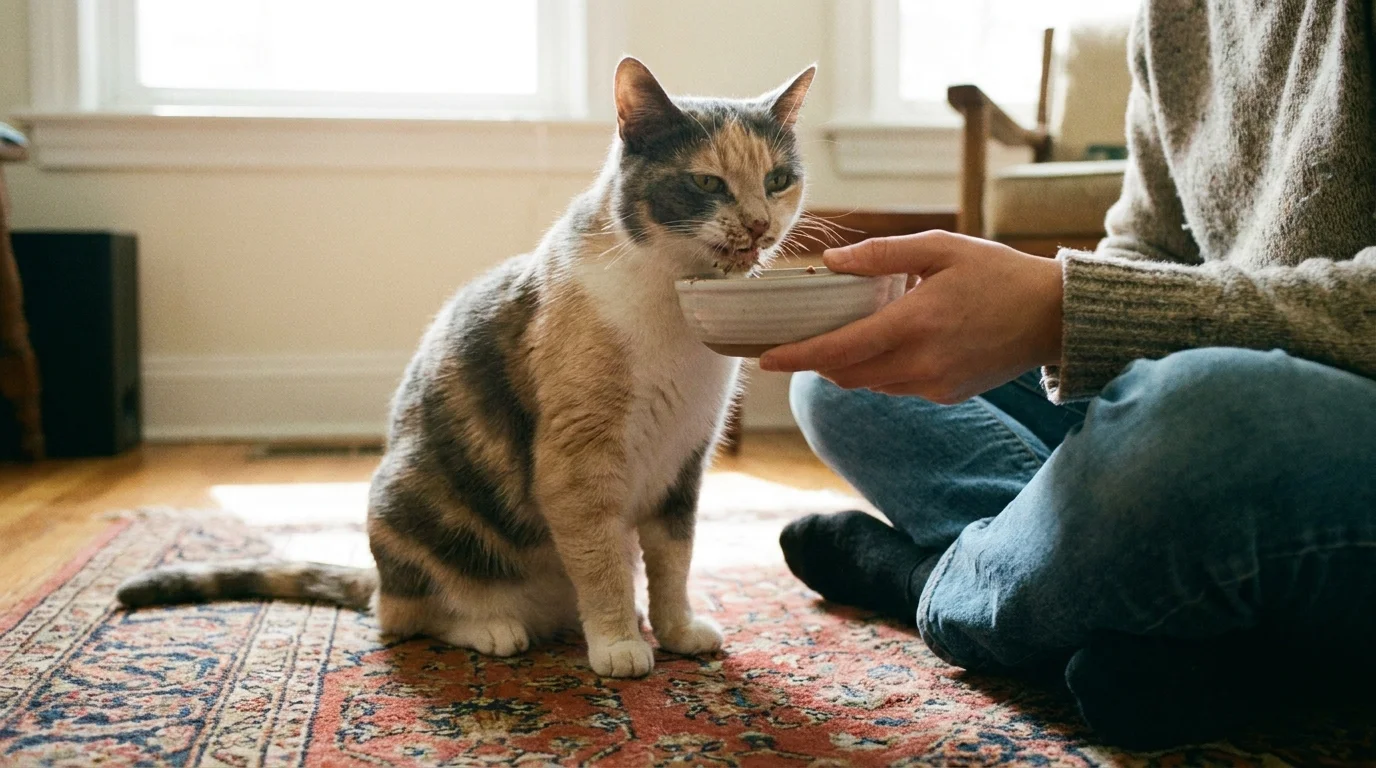 A healthy cat happily consuming nutritious food at floor level
