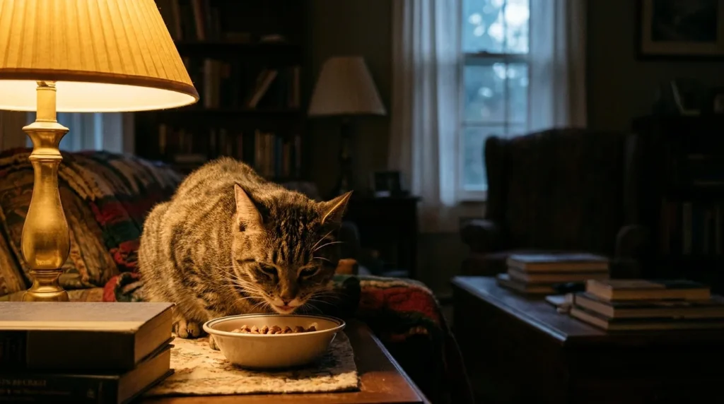 Cat eating comfortably from a clean food bowl indoors