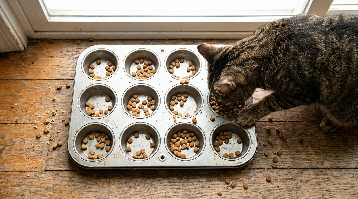 Cat eating dry kibble distributed across cups of a metal muffin tin