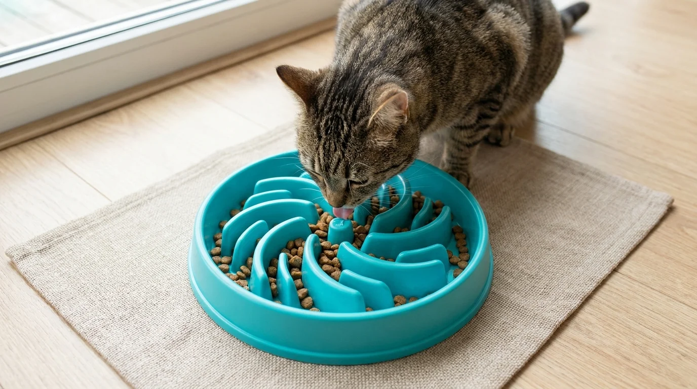Cat eating dry kibble from a maze slow feeder bowl