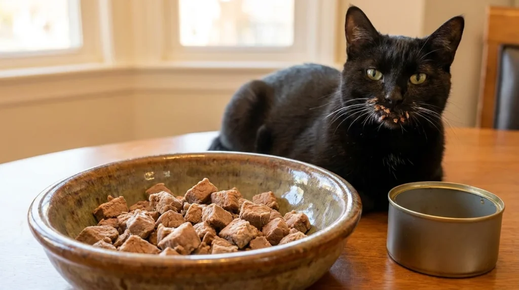 Cat licking and eating gravy from wet food bowl while leaving meat chunks