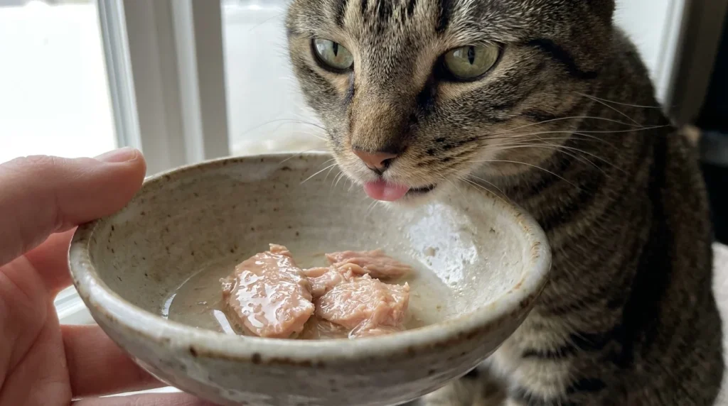 Cat eagerly eating plain canned tuna in water from ceramic bowl