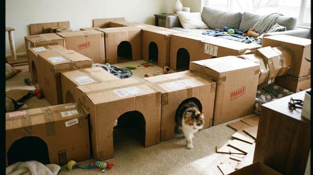 Curious cat emerging playfully from a DIY cardboard tunnel