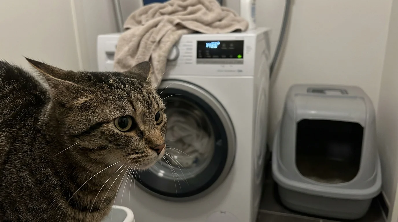 Cat hesitating near a noisy laundry room washing machine near litter box