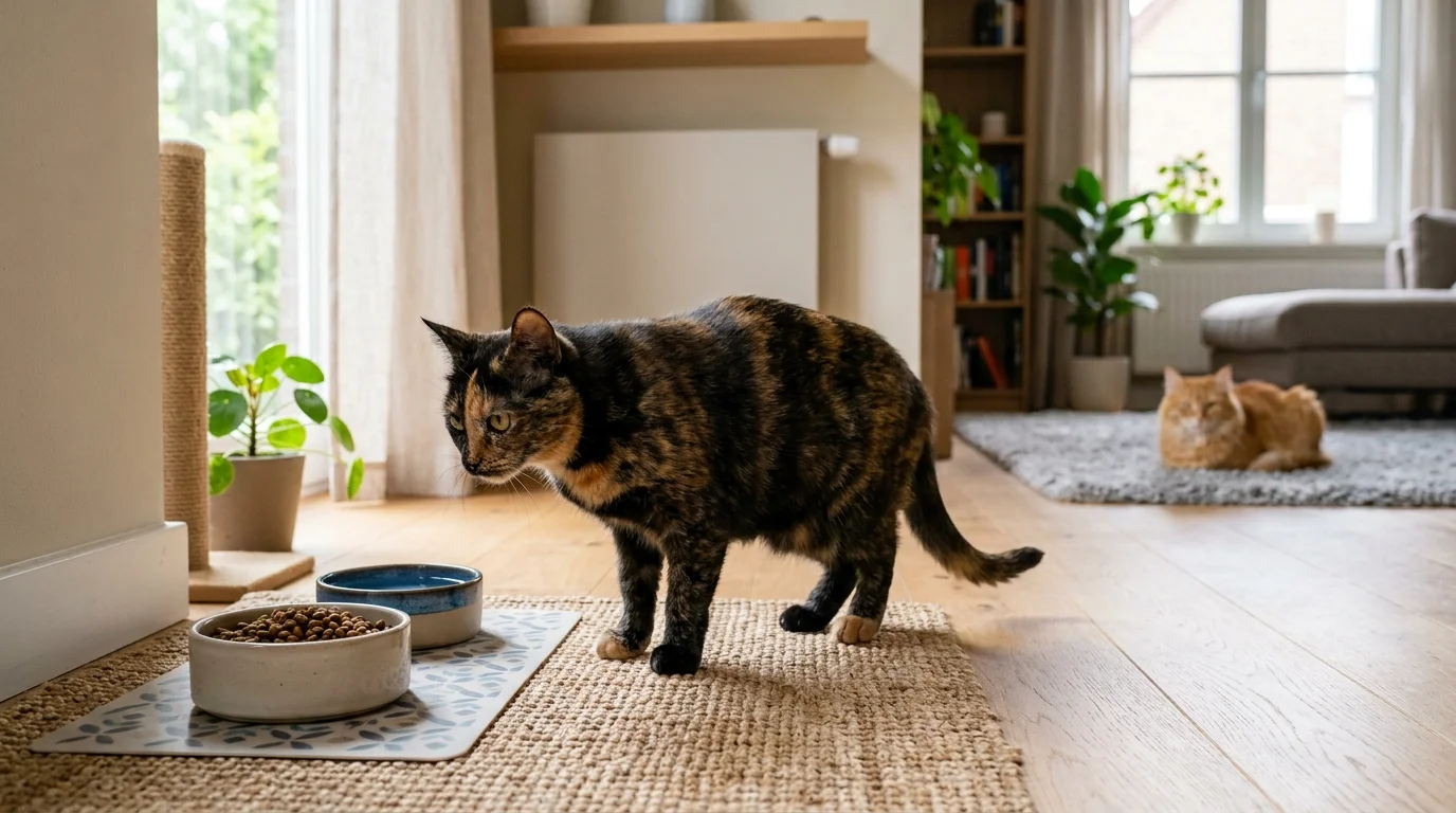 Quiet separate feeding area for an indoor cat
