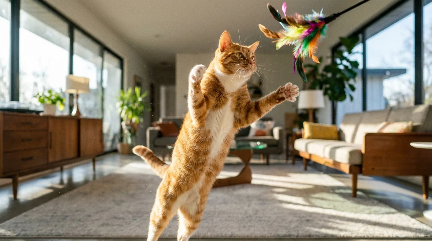 Cat leaping high in the air chasing a wand toy during daily exercise