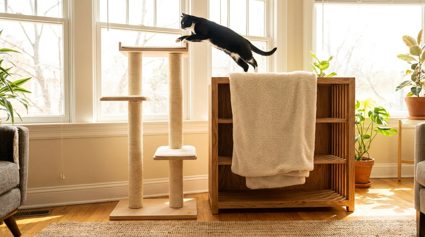Agile cat leaping onto an open bookshelf climbing highway