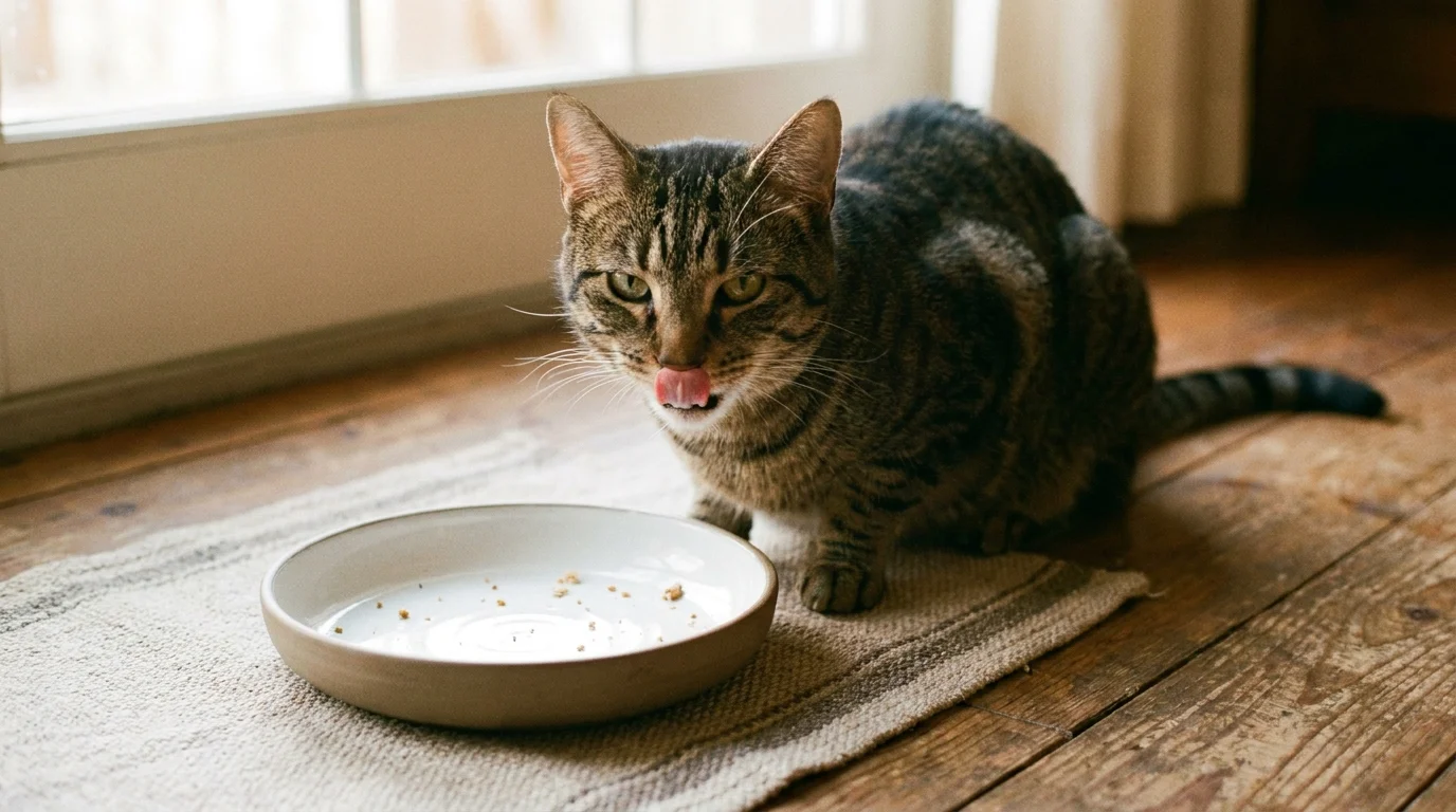 Cat licking chops and whiskers after lapping up tasty gravy