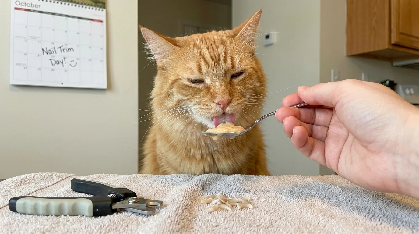Cat happily licking a squeeze treat reward after nail trim session