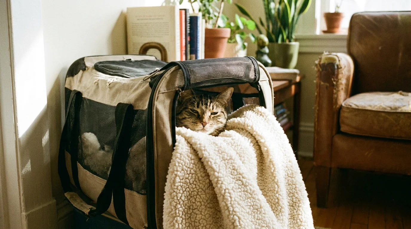A cautious cat looking into a safe carrier sanctuary lined with a soft blanket