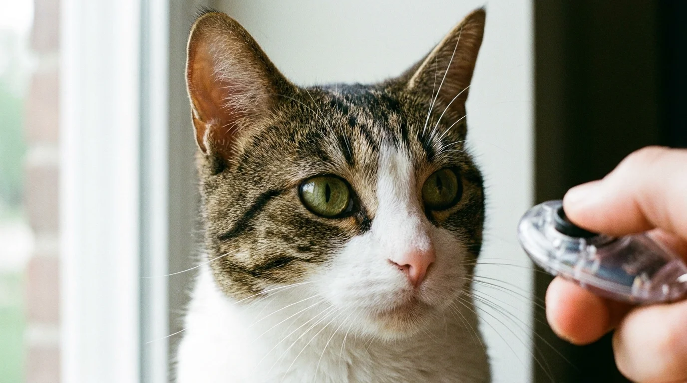 An alert cat looking intently at its owner waiting for the recall cue