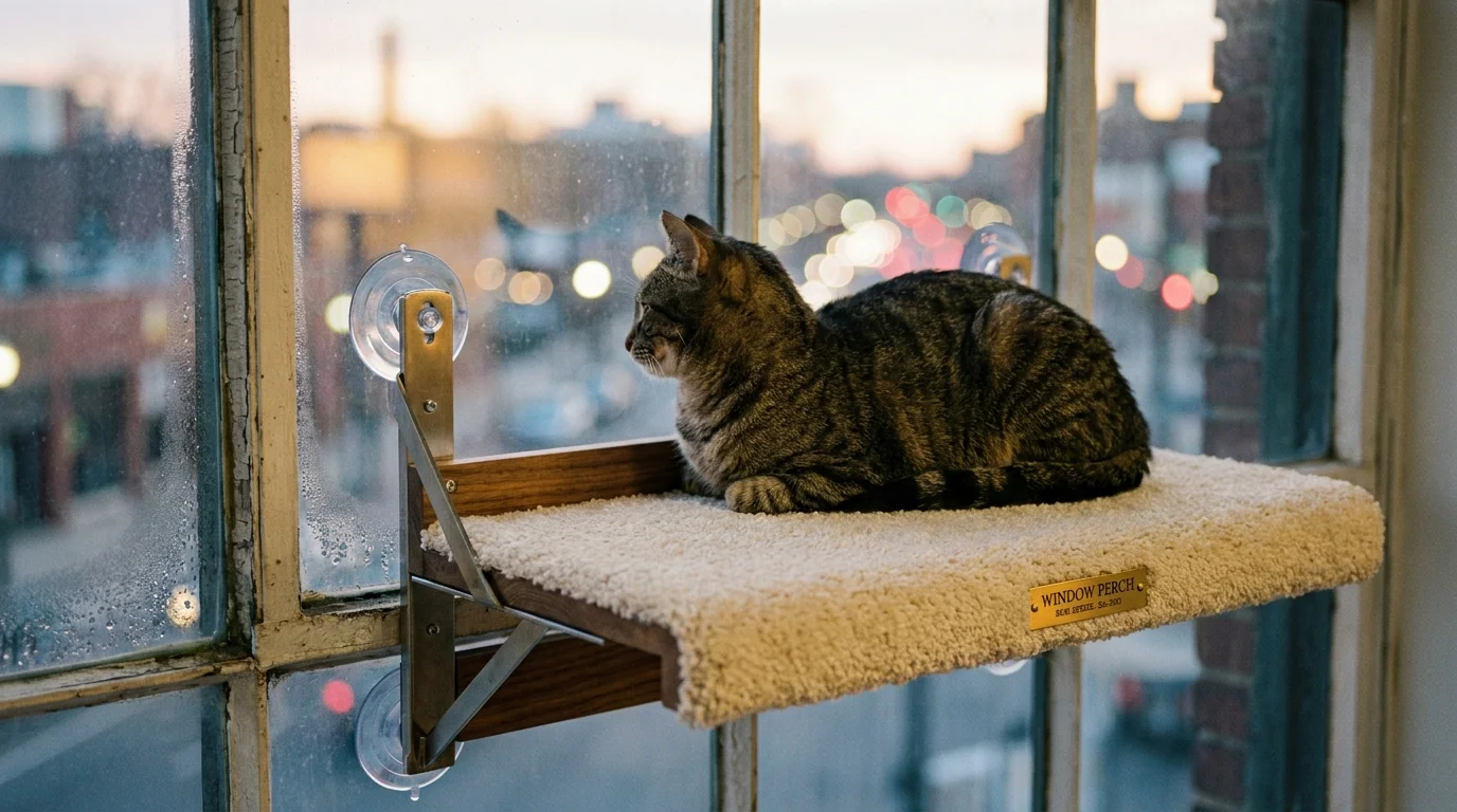 Cat lounging peacefully on a window mounted suction perch looking outside