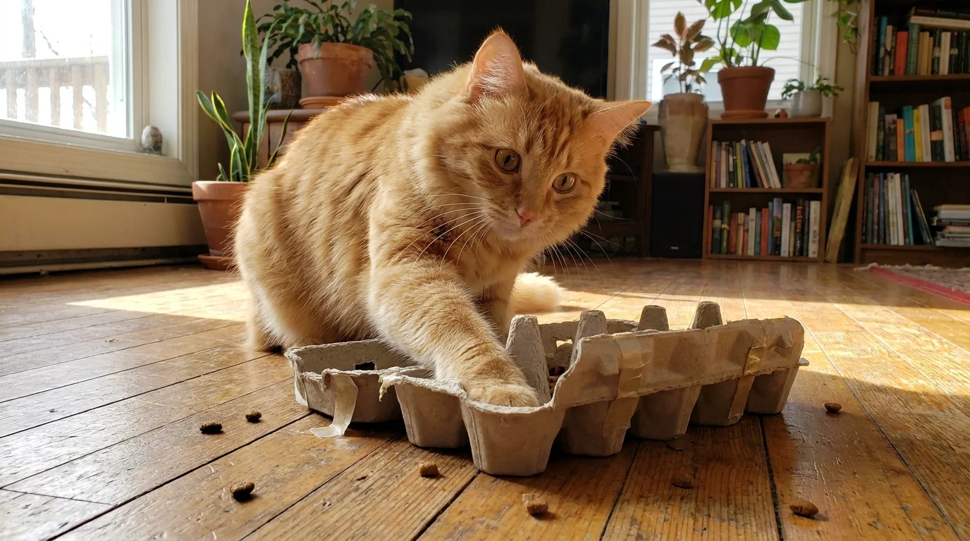 Curious cat pawing at an egg carton DIY food puzzle with hidden treats