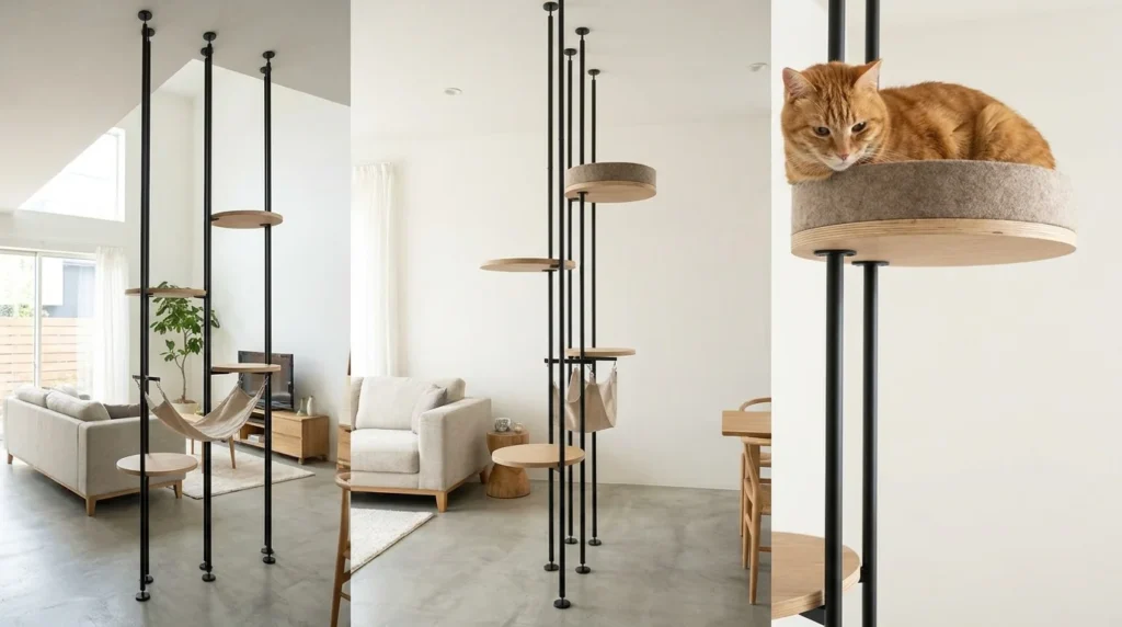 Cat resting securely high up on a floor to ceiling tension pole perch