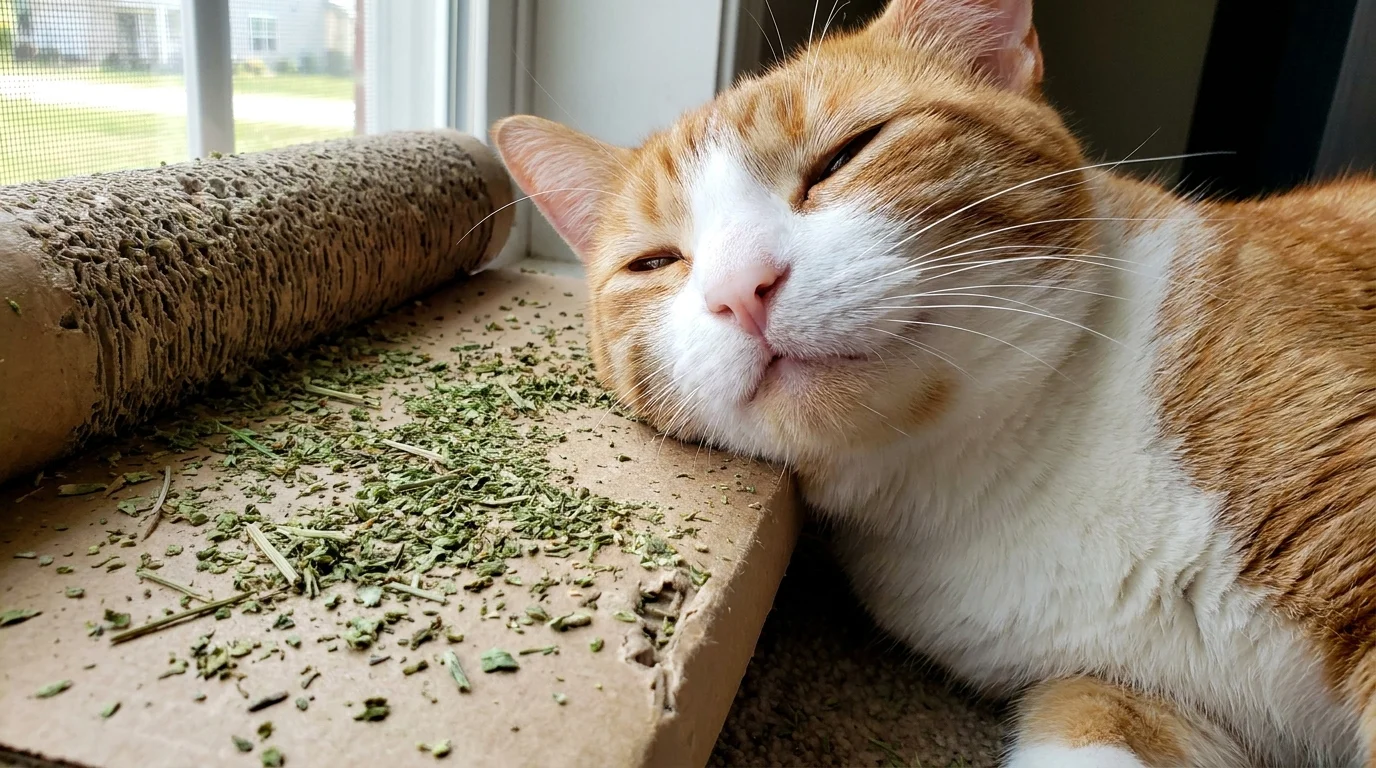 A content cat rubbing scent glands against a cardboard scratcher