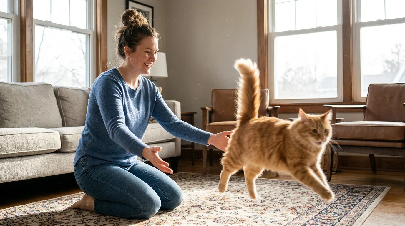 Cat responding to soft mealtime recall calls from owner
