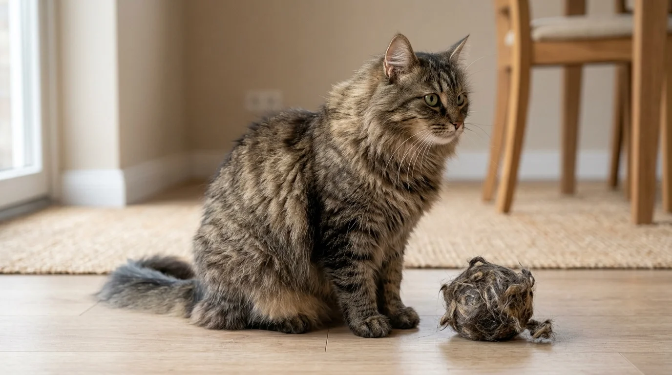 Long-haired cat beside a hairball