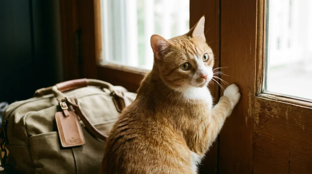 Indoor cat sitting by the front door waiting for owner to return