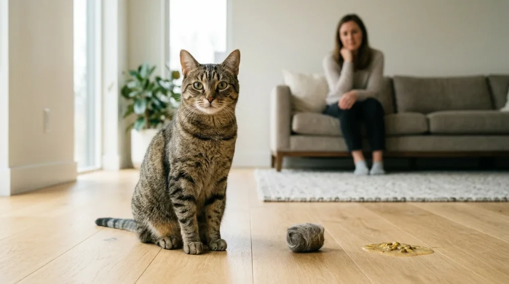 Cat vomiting vs hairball comparison