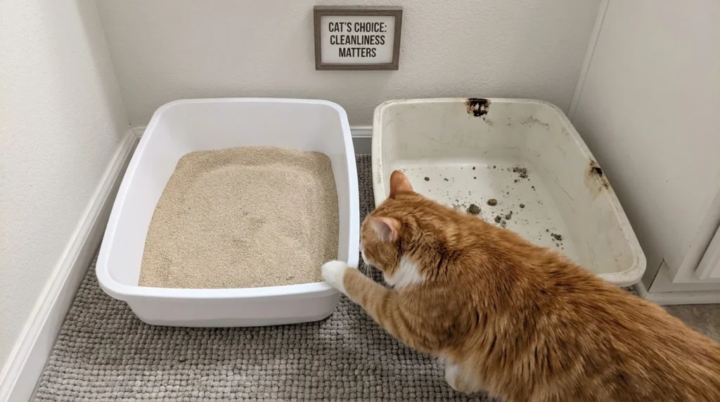 Cat inspecting and smelling clean litter boxes to evaluate scent and substrate