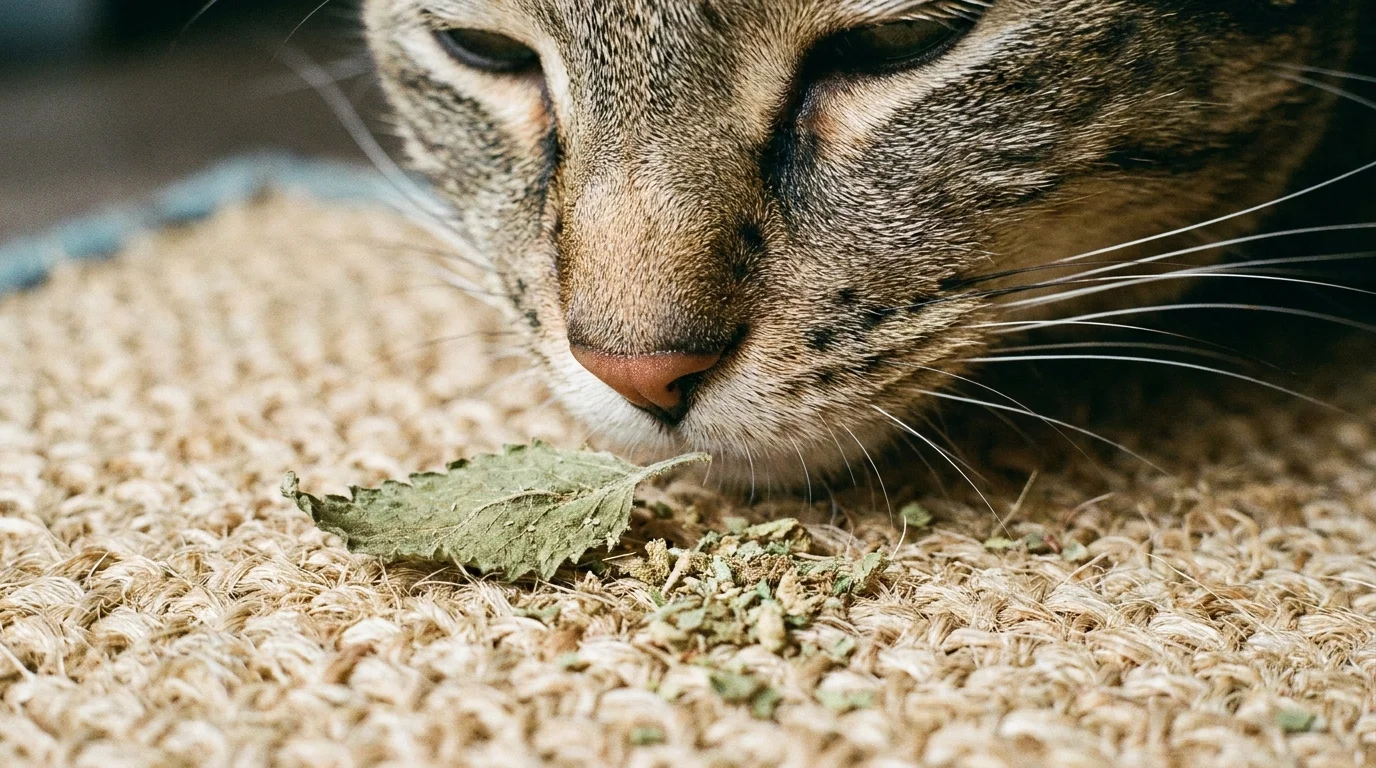 Domestic cat sniffing dried catnip and silvervine leaf on floor