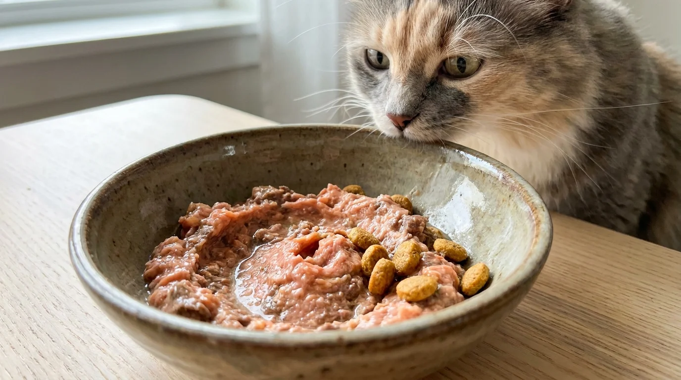 Cat sniffing freshly prepared healthy cooked food in bowl