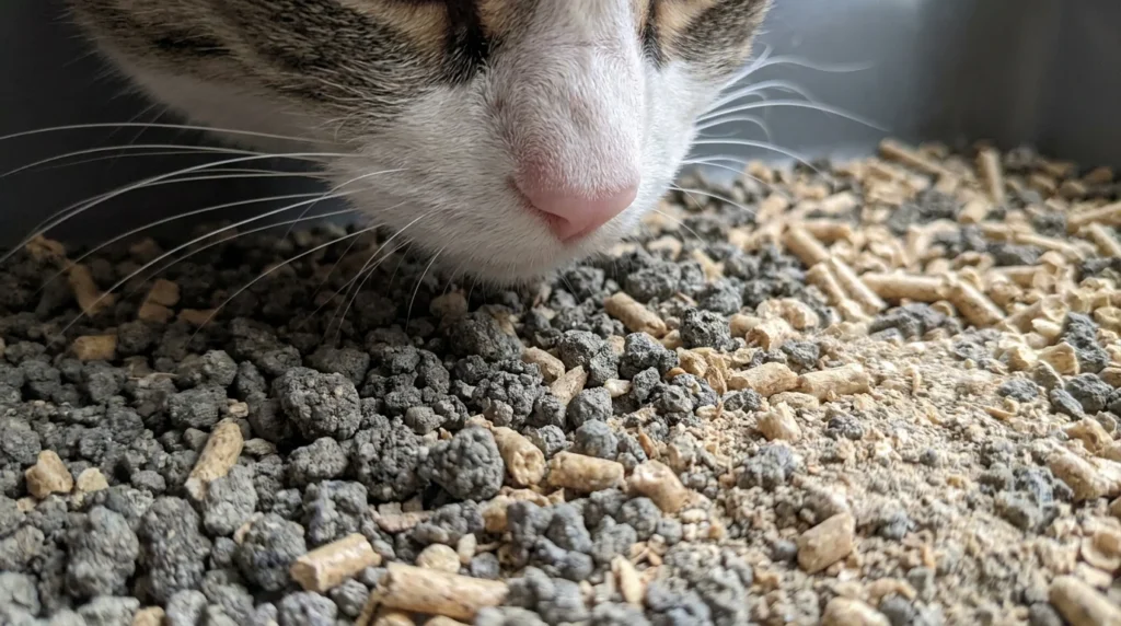 Cat sniffing litter box surface carefully to evaluate substrate scent