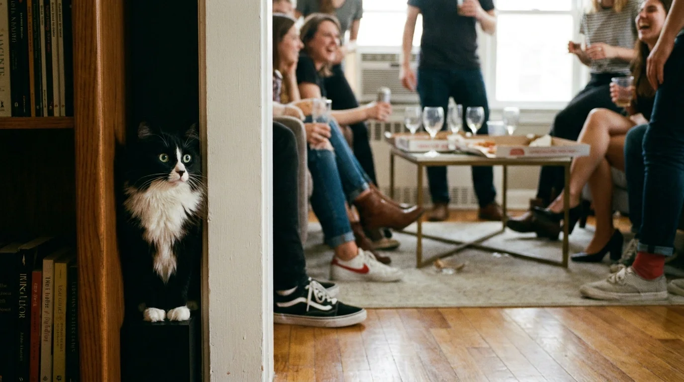 A frightened cat squeezed tightly into a hiding gap behind furniture