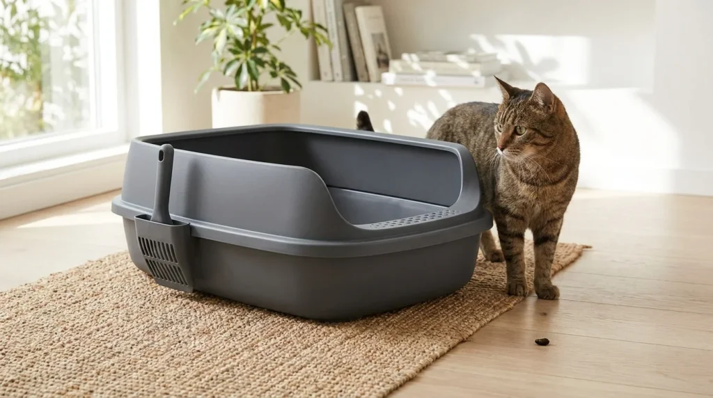 Domestic cat standing beside an open clean litter box