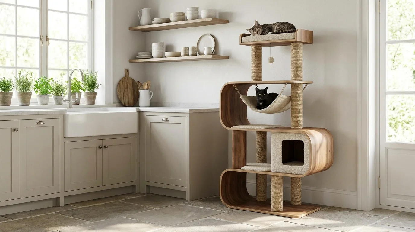A sturdy tall cat tree set up in a kitchen corner as an approved viewing perch
