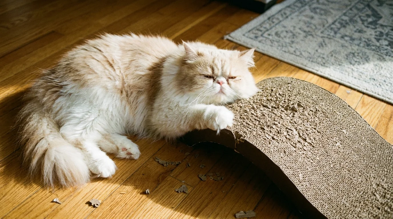 A cat enthusiastically using a corrugated cardboard scratching lounge