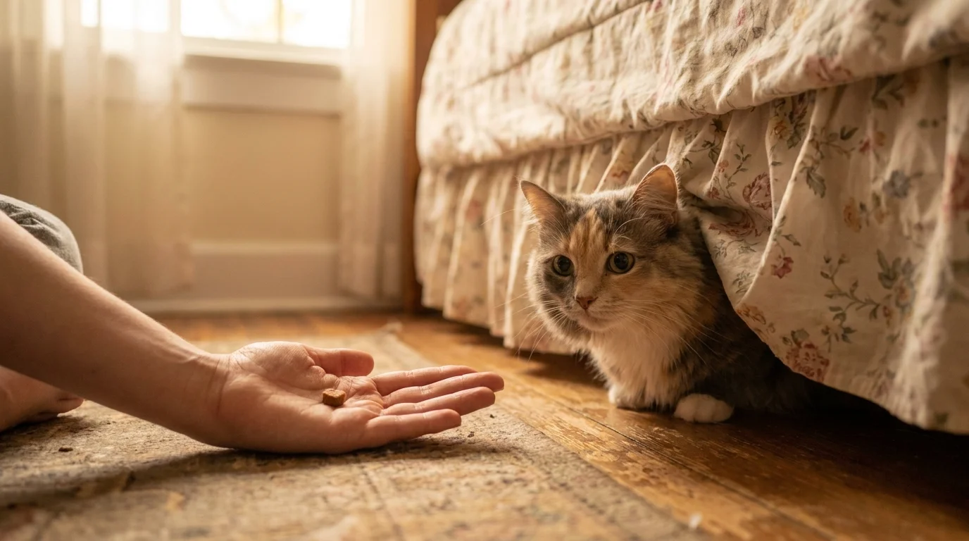 A timid cat watching an outstretched relaxed hand offering high value treats