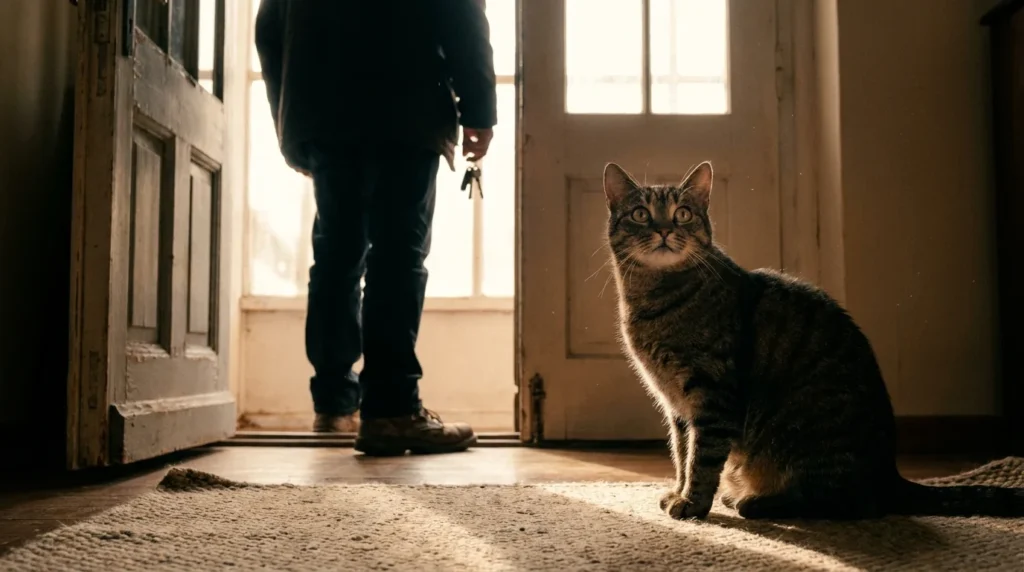 Cat sitting anxiously watching owner prepare to leave the house