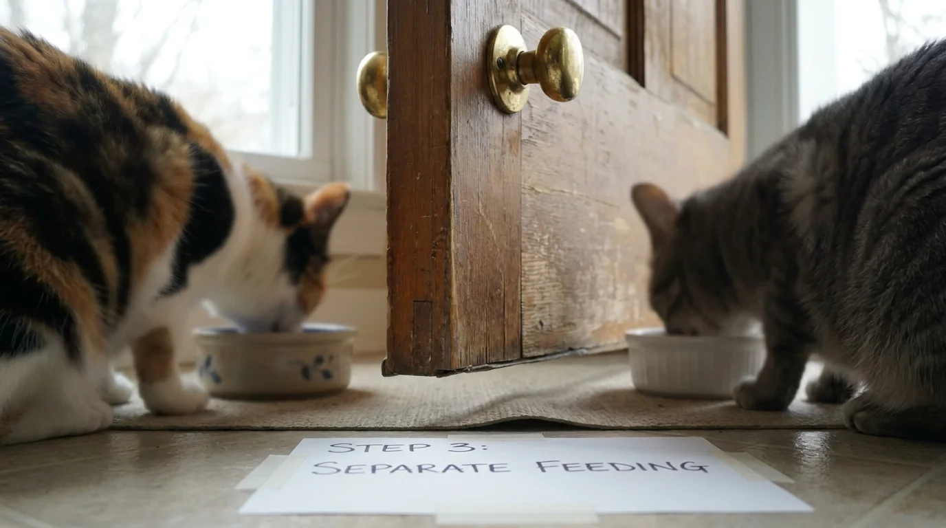 Two cats eating meals calmly on opposite sides of a closed interior door