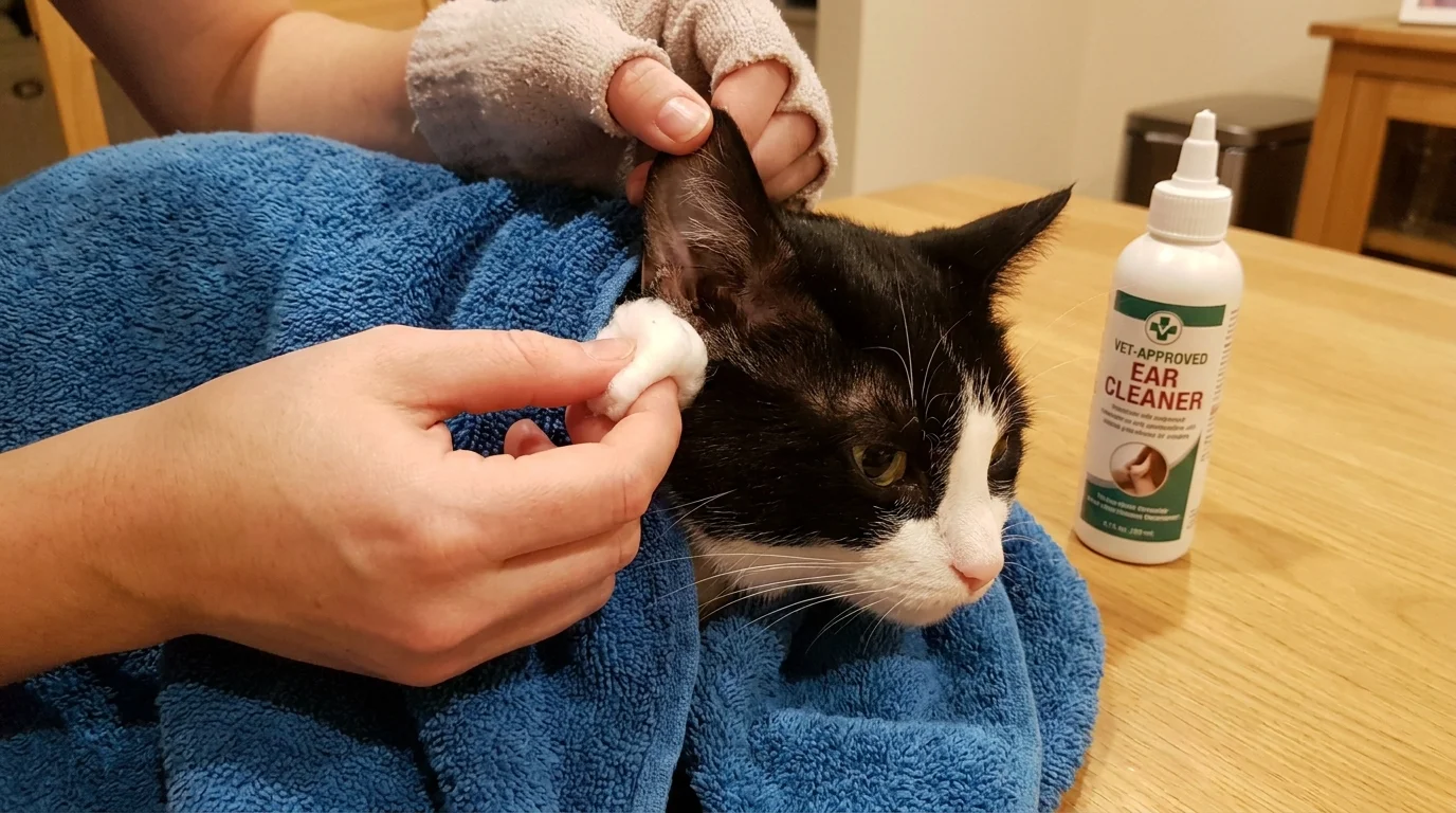 Owner gently cleaning cat's ears wrapped securely in a towel burrito